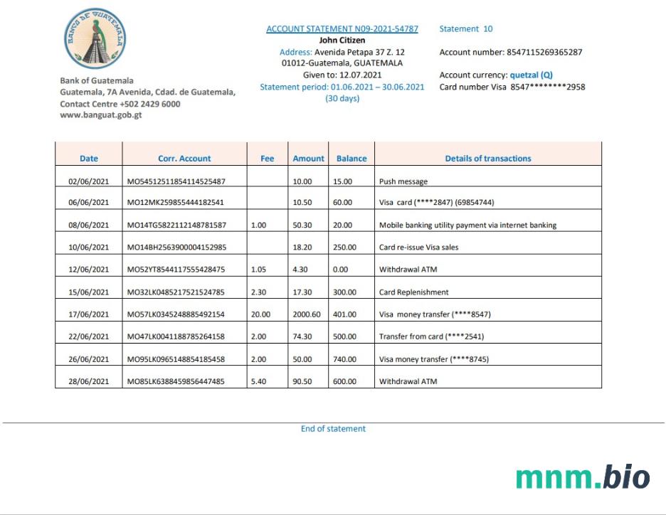 Wyciąg bankowy Guatemala Banco de Guatemala łatwy do wypełnienia szablon w formacie Excel i PDF